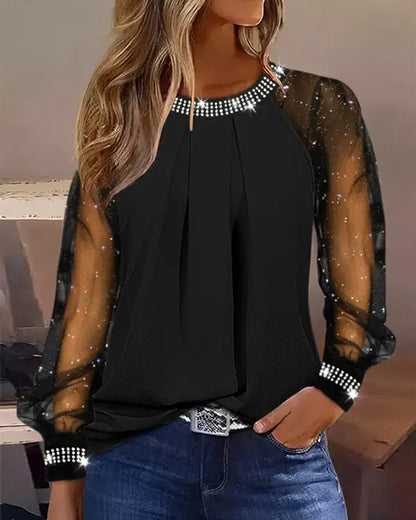 Top elegante de mujer con mangas transparentes y detalles de strass – JASMINA