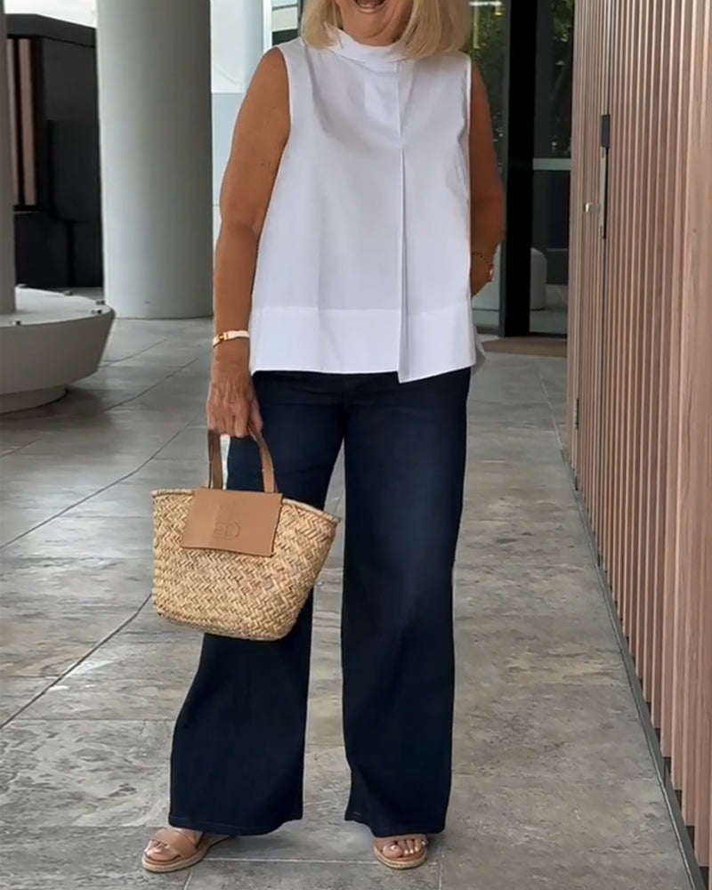 Top sin mangas de mujer con cuello alto y pliegue frontal – ELISARA