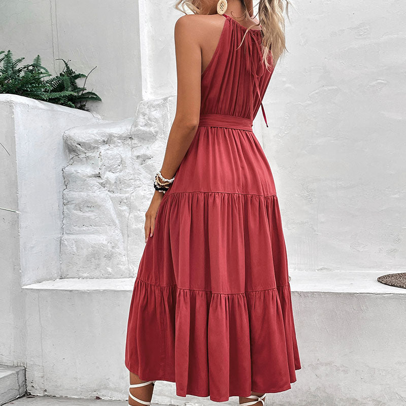 Heda - Vestido Casual Largo Rojo Romántico Con Lazo Delantero Sin Mangas Primavera Verano Para Mujer