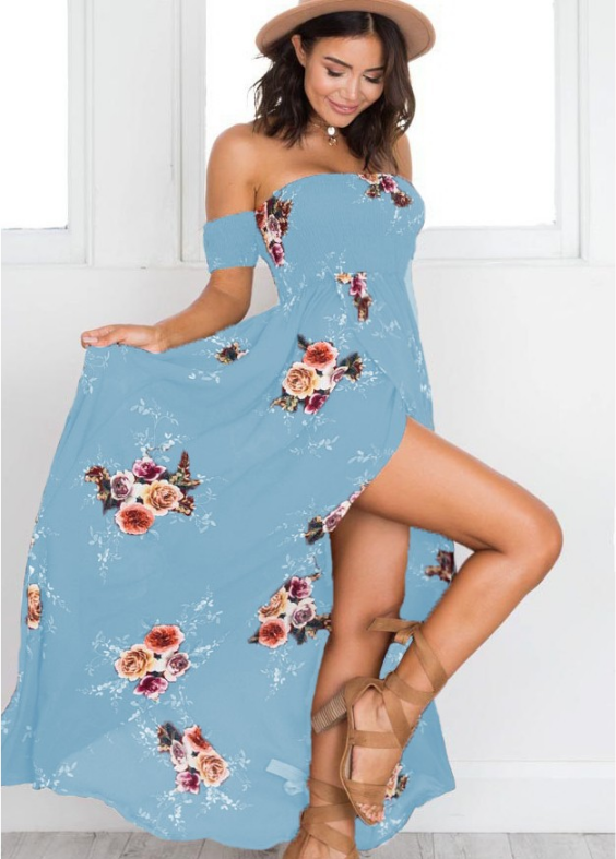 Blau - Vestido Bohemio Largo de Hombros Descubiertos Estampado Floral Primavera Verano Para Mujer Azul