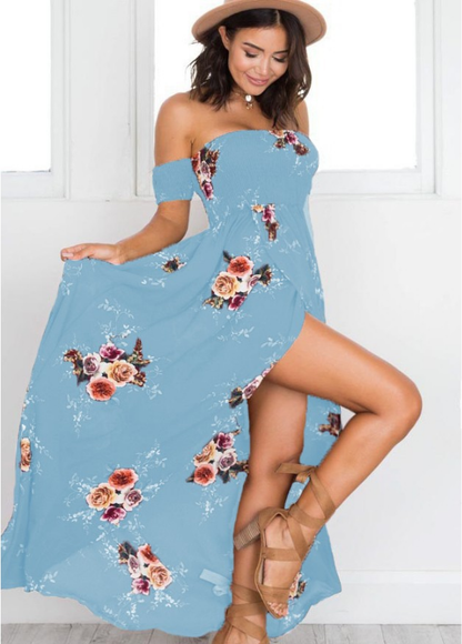 Blau - Vestido Bohemio Largo de Hombros Descubiertos Estampado Floral Primavera Verano Para Mujer Azul