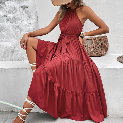 Heda - Vestido Casual Largo Rojo Romántico Con Lazo Delantero Sin Mangas Primavera Verano Para Mujer
