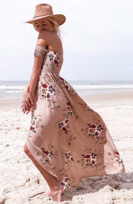 Blau - Vestido Bohemio Largo de Hombros Descubiertos Estampado Floral Primavera Verano Para Mujer Caqui