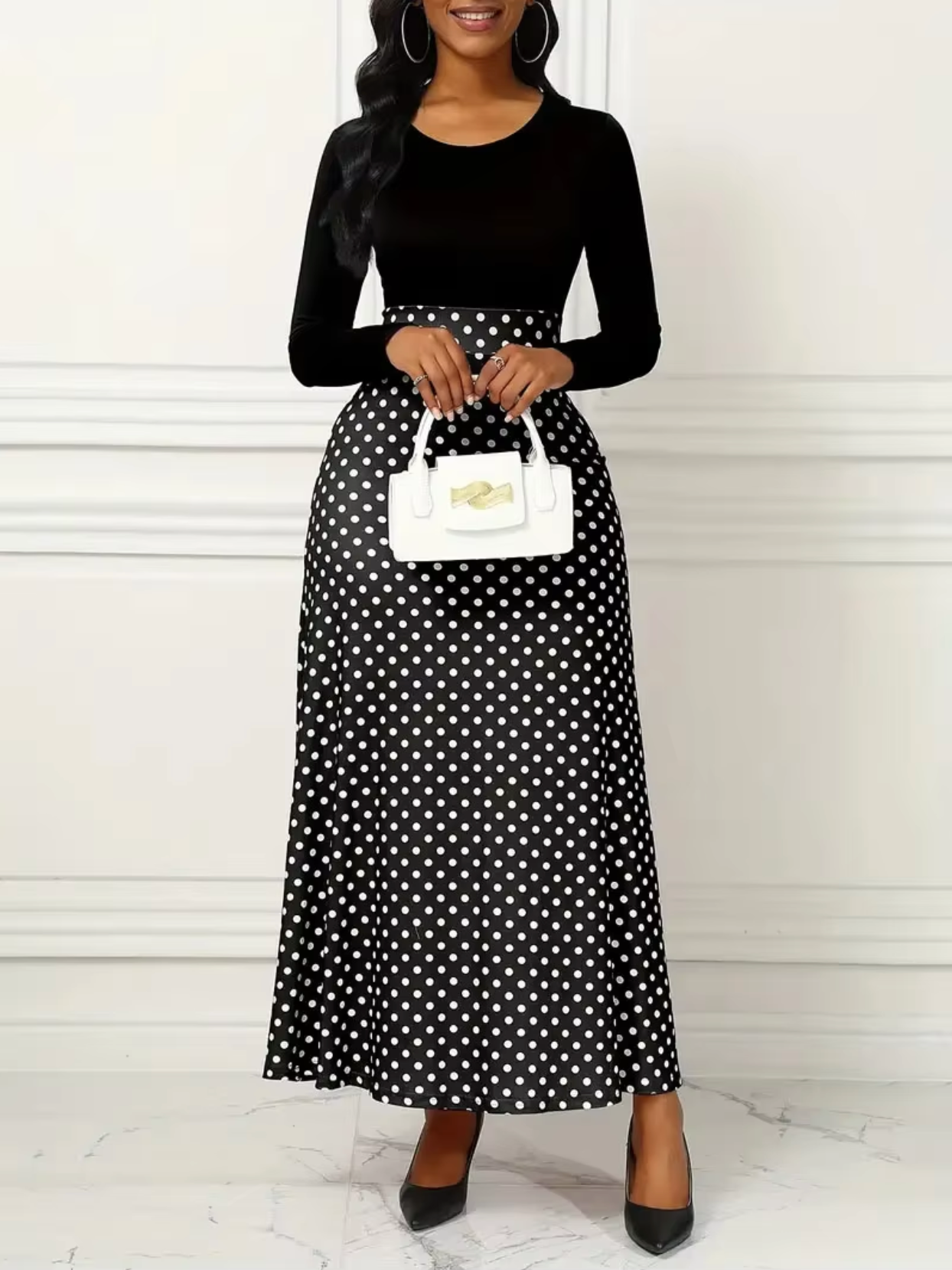 INES - Vestido maxi con estampado de lunares para mujer