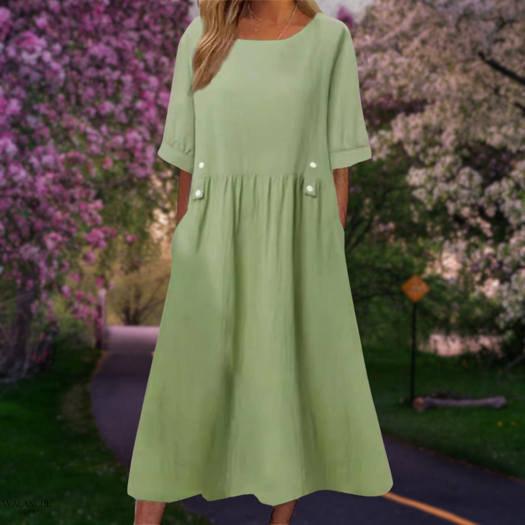 Vestido midi fluido de verano con manga media y corte cómodo – LINA SOL