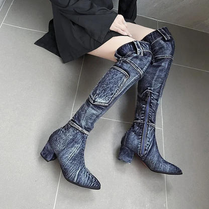 LIVIA - Botas de caña alta con punta afilada y diseño patchwork para mujer