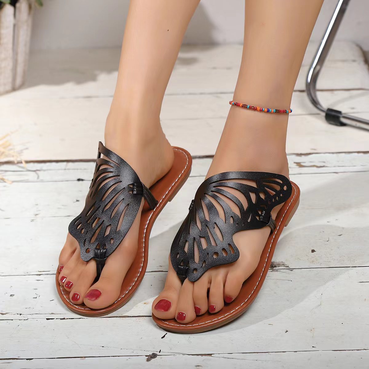 Daniella - Sandalias Vintage de Verano con Estilo Planas Cómoda con Diseño de Alas de Mariposa, Zapatillas Planas para Exterior