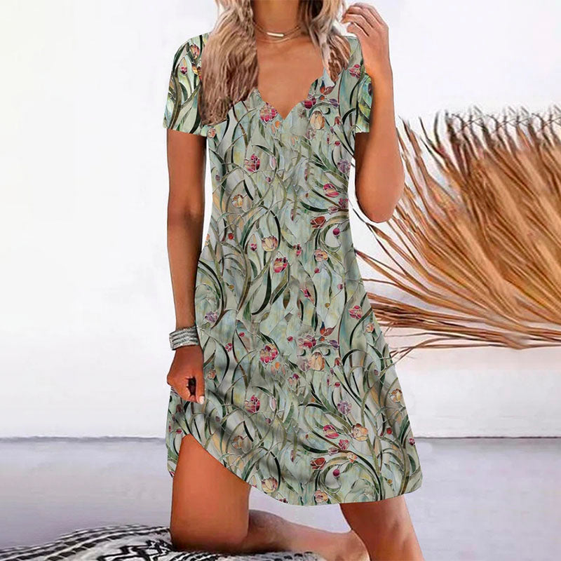 Vestido corto de verano con manga corta y estampado de hojas – LÉANA