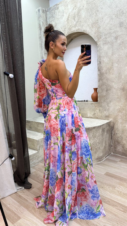Vestido largo floral con hombro descubierto – Elanisse