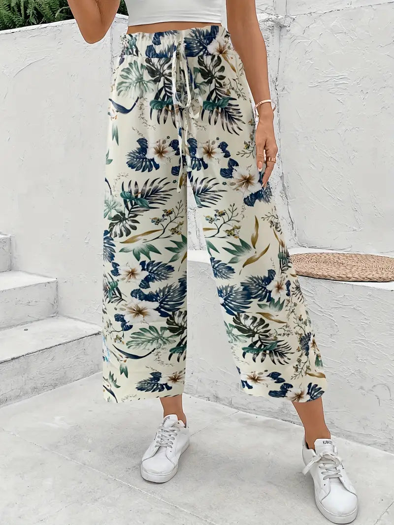Pantalón ancho de mujer con estampado tropical – FRIDALIA