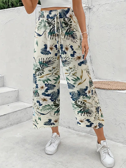 Pantalón ancho de mujer con estampado tropical – FRIDALIA