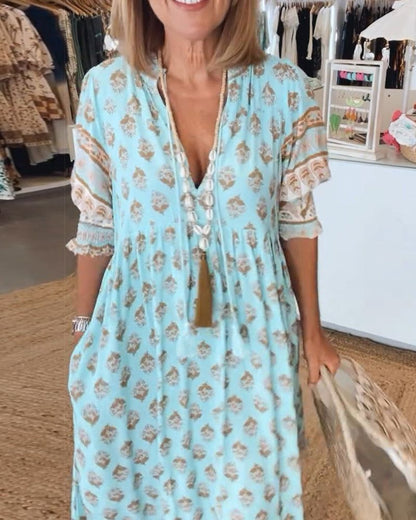 Vestido largo boho con estampado étnico y escote en V – INDRA