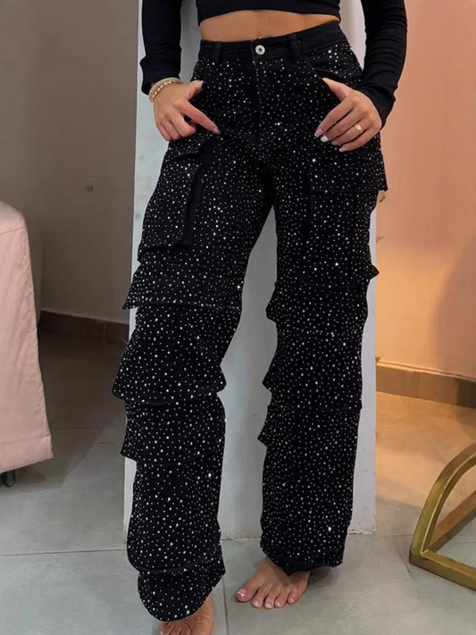 Pantalón cargo para mujer con efecto brillante y bolsillos – ROXIE