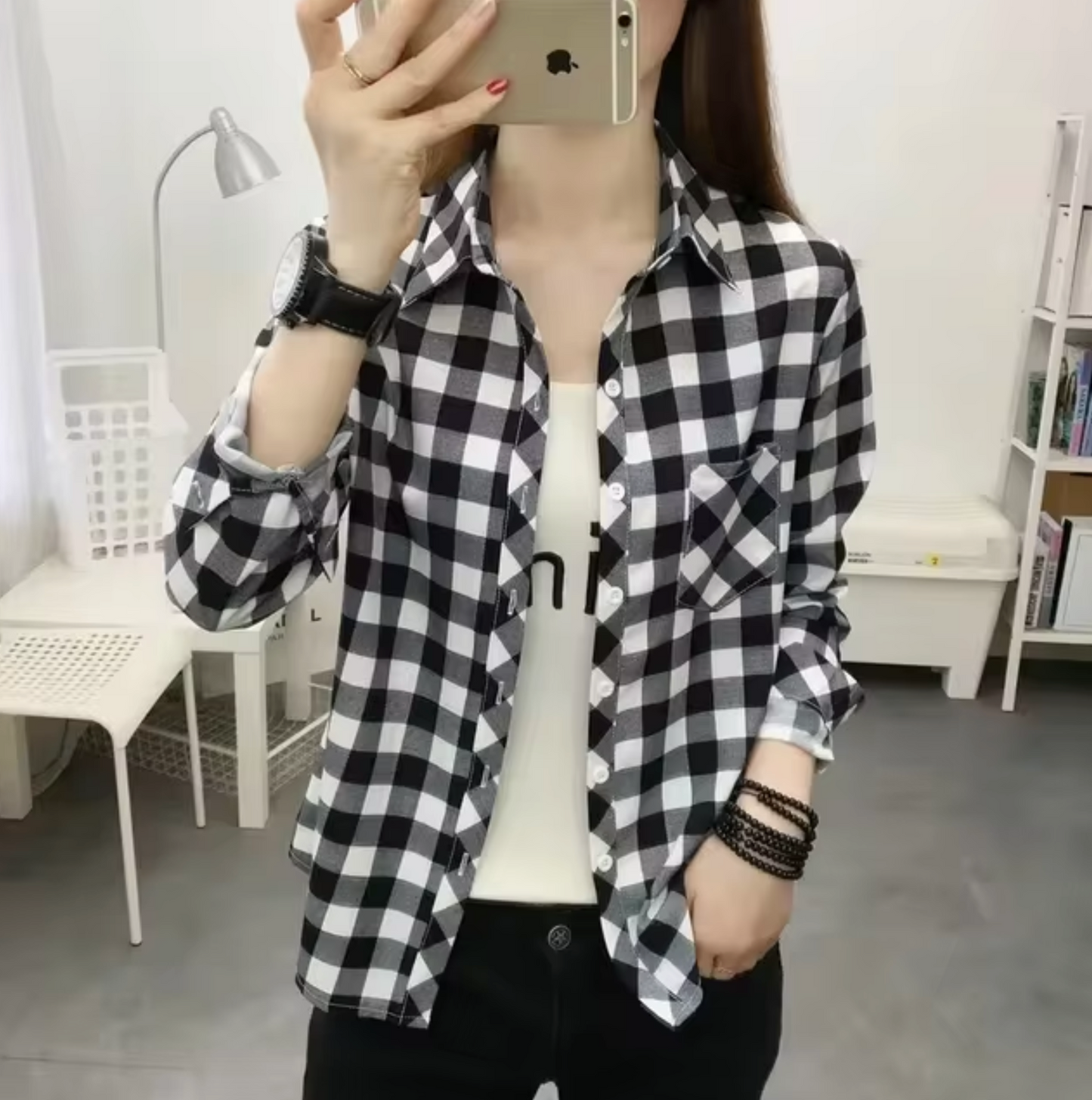 LIV - Top de algodón de manga larga con diseño de cuadros para mujer