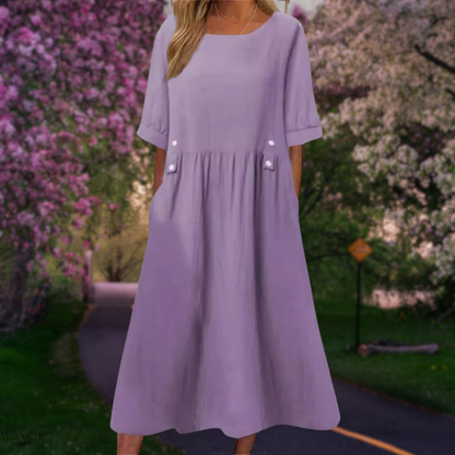 Vestido midi fluido de verano con manga media y corte cómodo – LINA SOL