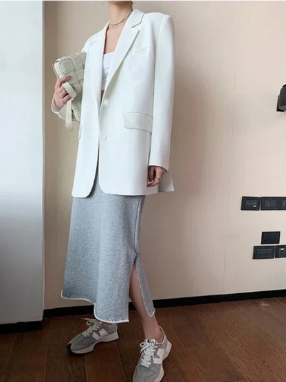 ADALAI - Blazer largo entallado con solapa y cierre de un solo botón para mujer