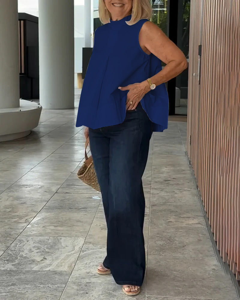 Top sin mangas de mujer con cuello alto y pliegue frontal – ELISARA