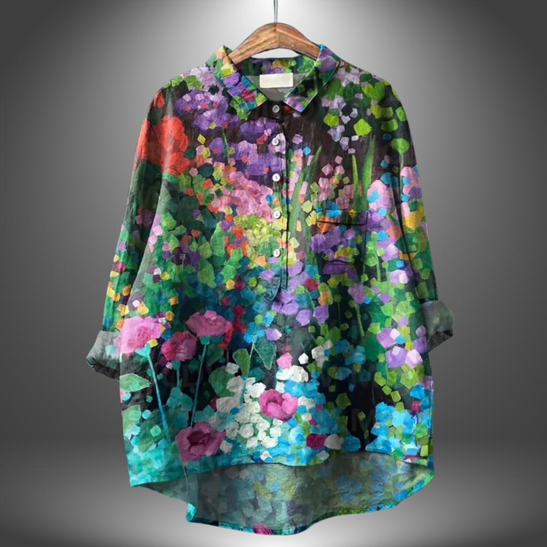 Blusa holgada de mujer con estampado artístico y cuello – ORSOLYA