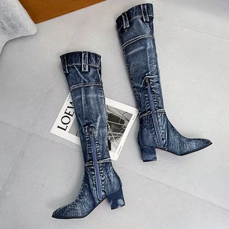 LIVIA - Botas de caña alta con punta afilada y diseño patchwork para mujer