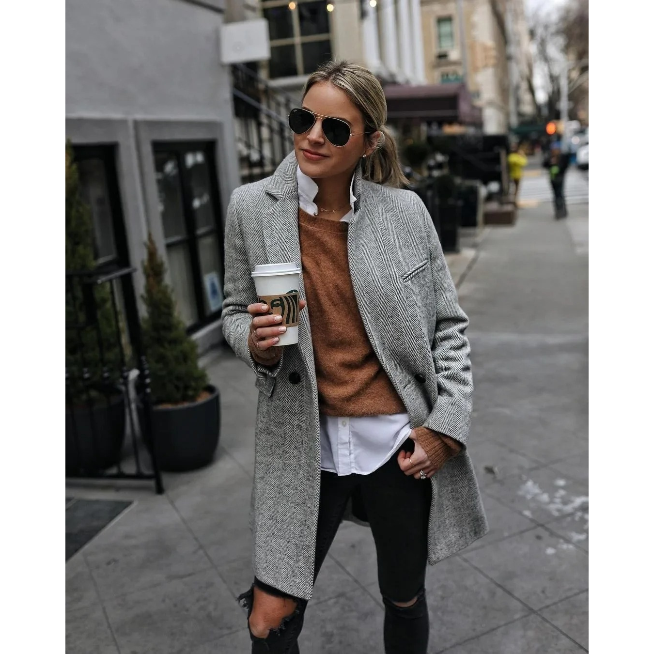 Viviana - Abrigo trenchcoat de espiga para mujer, corte medio con solapa clásica