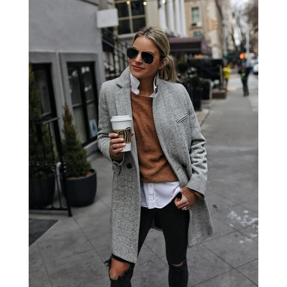 Viviana - Abrigo trenchcoat de espiga para mujer, corte medio con solapa clásica