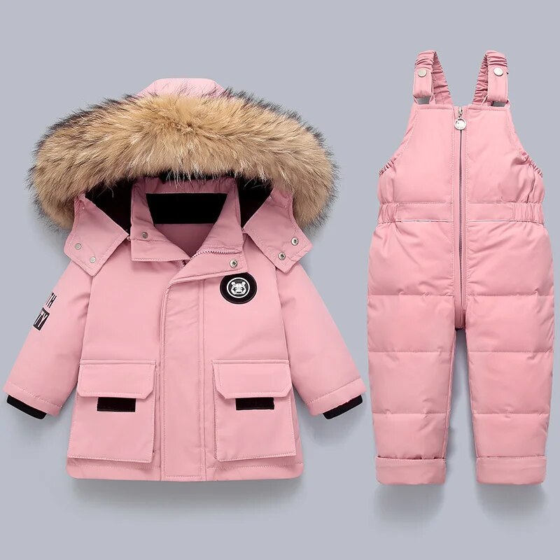 LUKA - Conjunto de invierno para niños con capucha de piel sintética y mono de esquí para niños y niñas