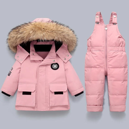 LUKA - Conjunto de invierno para niños con capucha de piel sintética y mono de esquí para niños y niñas