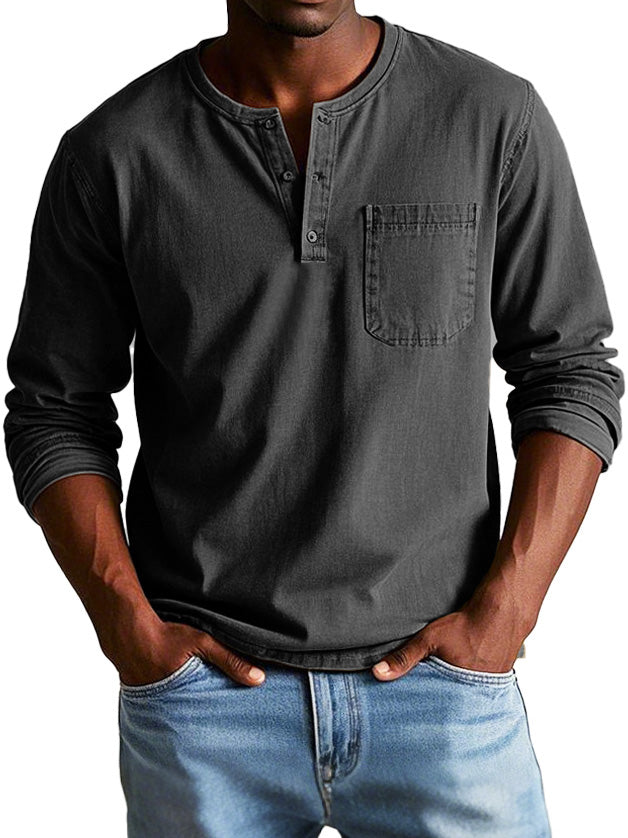 Camiseta Henley de manga larga para hombre con bolsillo en el pecho – RAVEN