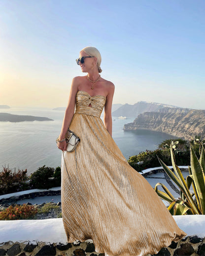 Ane - Vestido Elegante Invitada Boda Verano Largo Palabra de Honor Brillante de Fiesta Formal Para Mujer 2024 Dorado