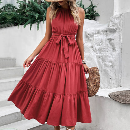 Heda - Vestido Casual Largo Rojo Romántico Con Lazo Delantero Sin Mangas Primavera Verano Para Mujer