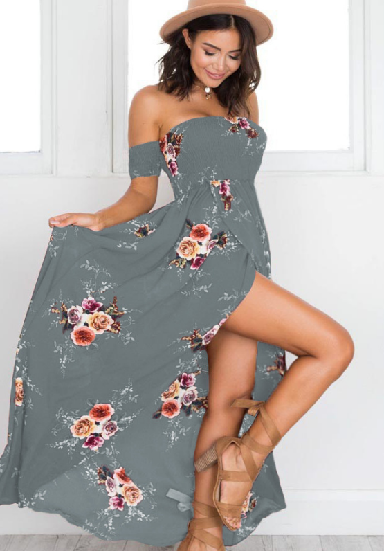 Blau - Vestido Bohemio Largo de Hombros Descubiertos Estampado Floral Primavera Verano Para Mujer