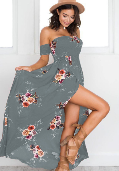 Blau - Vestido Bohemio Largo de Hombros Descubiertos Estampado Floral Primavera Verano Para Mujer