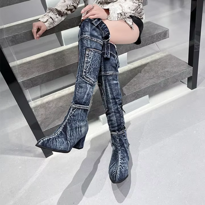 LIVIA - Botas de caña alta con punta afilada y diseño patchwork para mujer