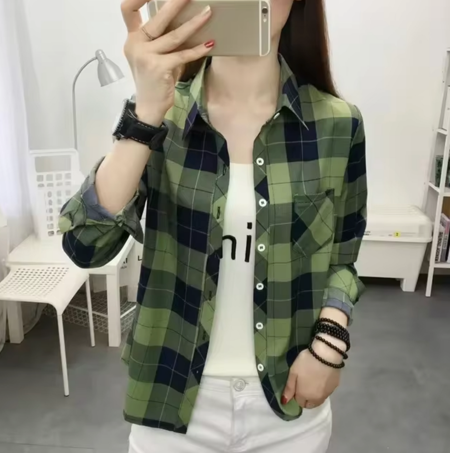 LIV - Top de algodón de manga larga con diseño de cuadros para mujer