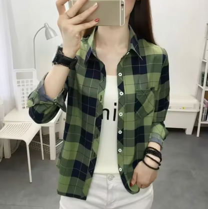 LIV - Top de algodón de manga larga con diseño de cuadros para mujer