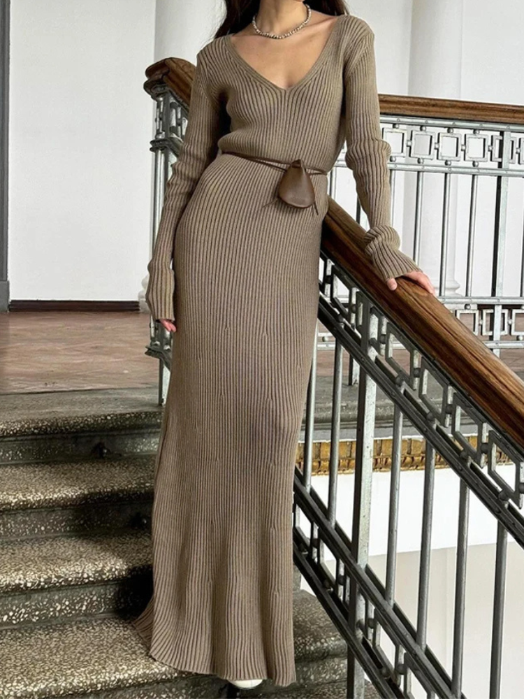 EULÀLIA - Vestido largo de punto acanalado con cuello en V manga larga de invierno para mujer