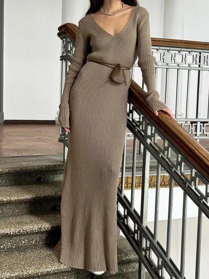 EULÀLIA - Vestido largo de punto acanalado con cuello en V manga larga de invierno para mujer