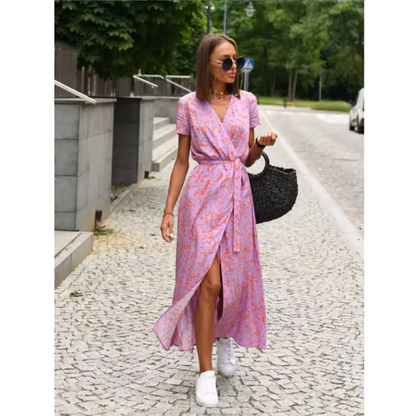 Vestido cruzado elegante con estampado artístico y corte fluido – AURELIA