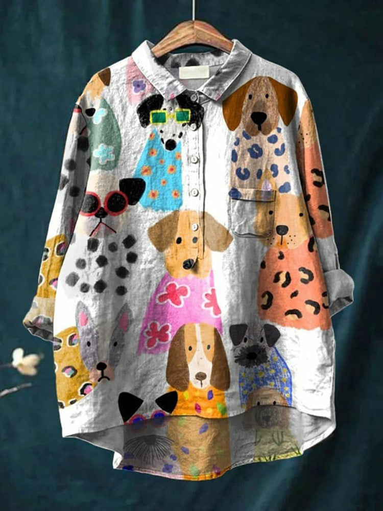 Camisa oversize de algodón con estampado artístico de perros – NOA