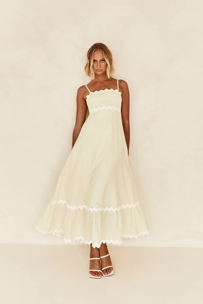 Mar - Vestido Largo de Tirantes Con Diseño de Ondas Color Combinado Playa Primavera Verano Para Mujer Amarillo