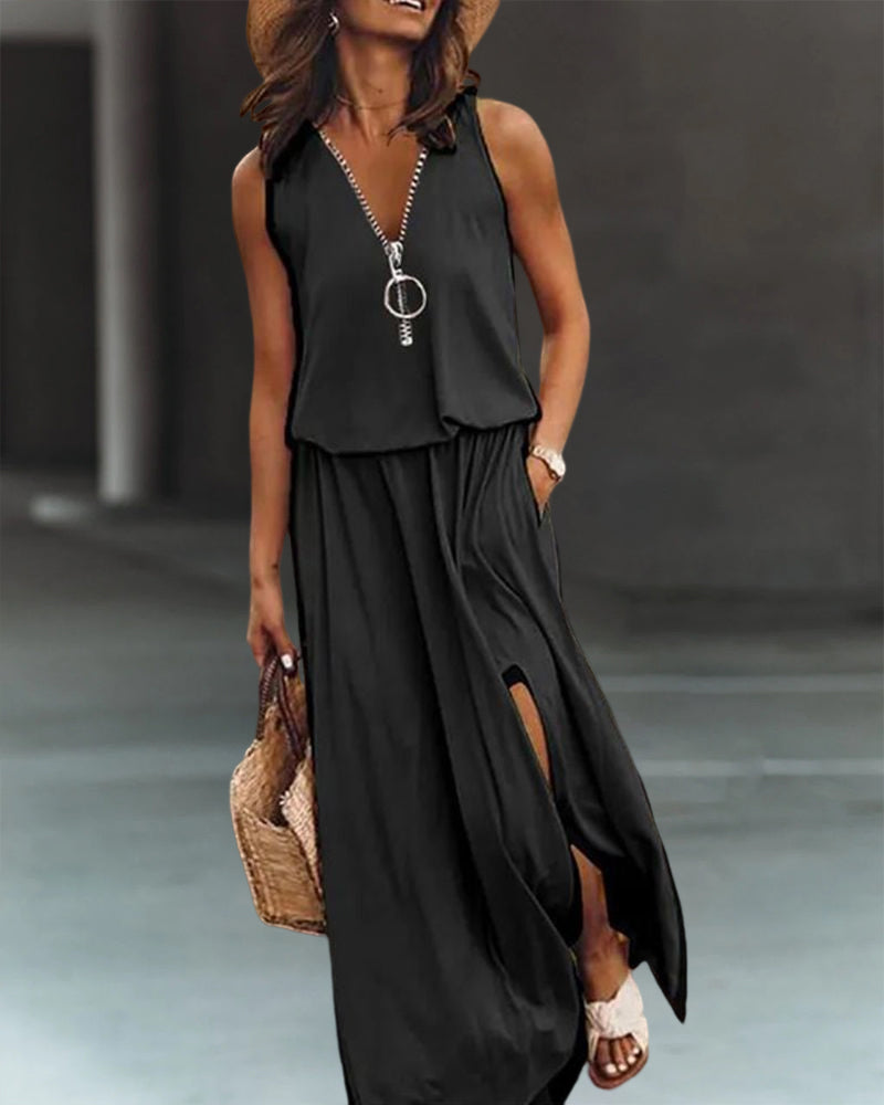 Vestido suelto con escote en V profundo y cremallera decorativa – DALISSIA