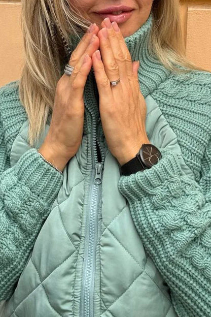 LEONA - Chaqueta informal en color sólido con cremallera y detalles de patchwork en contraste para mujer