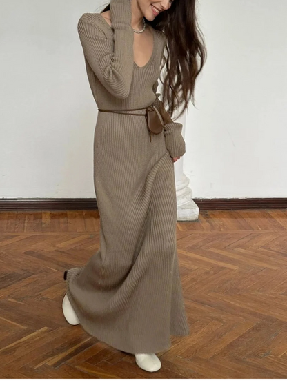 EULÀLIA - Vestido largo de punto acanalado con cuello en V manga larga de invierno para mujer