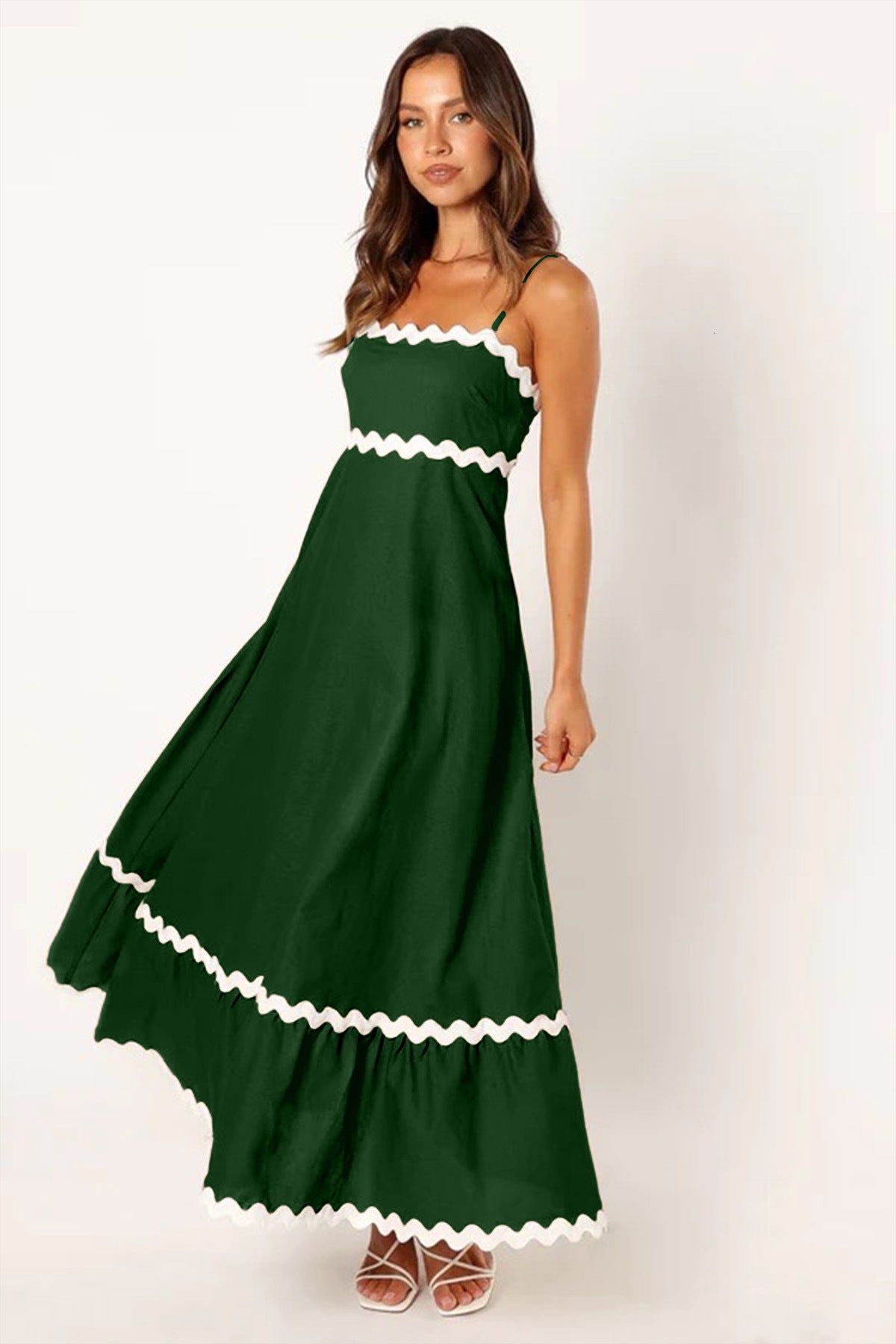 Mar - Vestido Largo de Tirantes Con Diseño de Ondas Color Combinado Playa Primavera Verano Para Mujer Verde