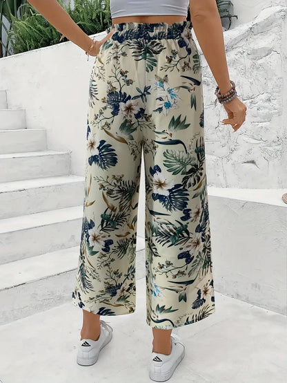 Pantalón ancho de mujer con estampado tropical – FRIDALIA