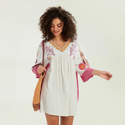 Vestido tipo túnica de mujer con escote en V y bordados decorativos – MABRIELA