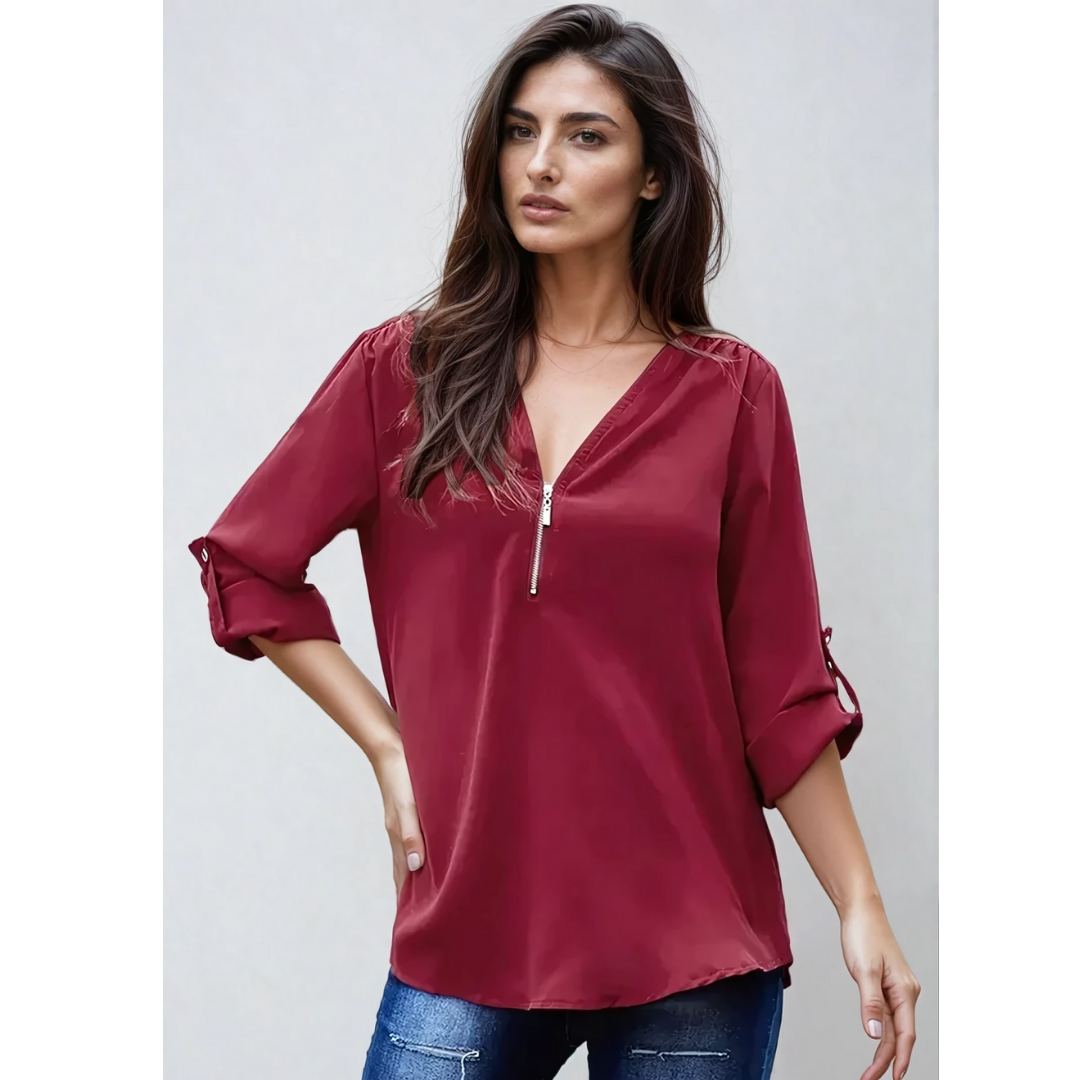 Blusa amplia con cremallera y mangas 3/4 para mujer en tallas grandes – OLIVIA