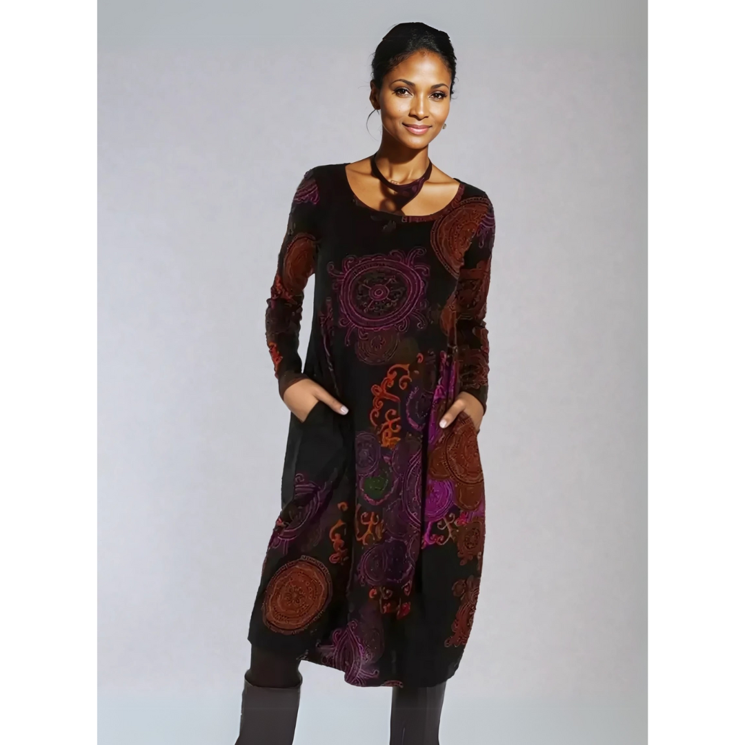 Vestido bohemio midi con mangas largas y estampado único – SIENNA