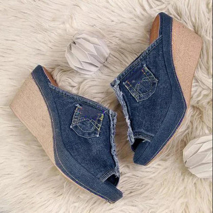 Mules de mujer con cuña y diseño denim – RONELA