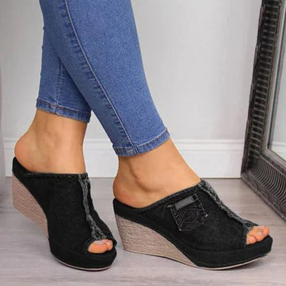 Mules de mujer con cuña y diseño denim – RONELA